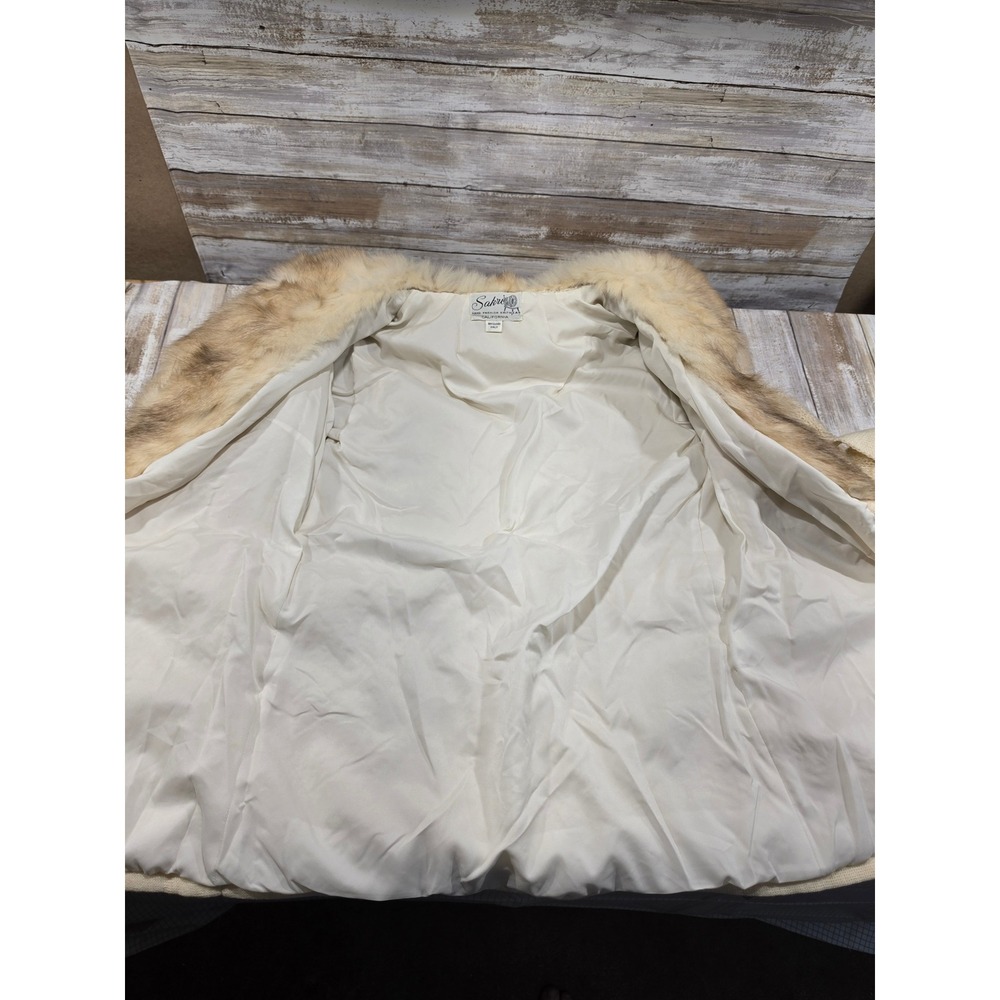 Sakri Vintage Cream Boucle Knit Cardigan Real? Faux Fur Collar Belted Sweater M - Picture 7 of 8